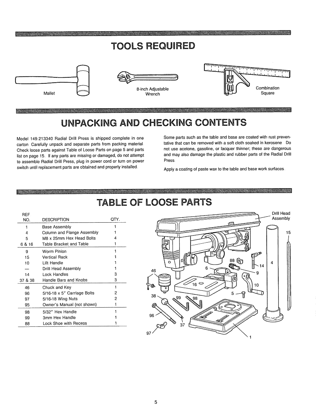 Sears 149.213340 warranty Unpackrng and Checkung Contents, Table of Loose Parts 