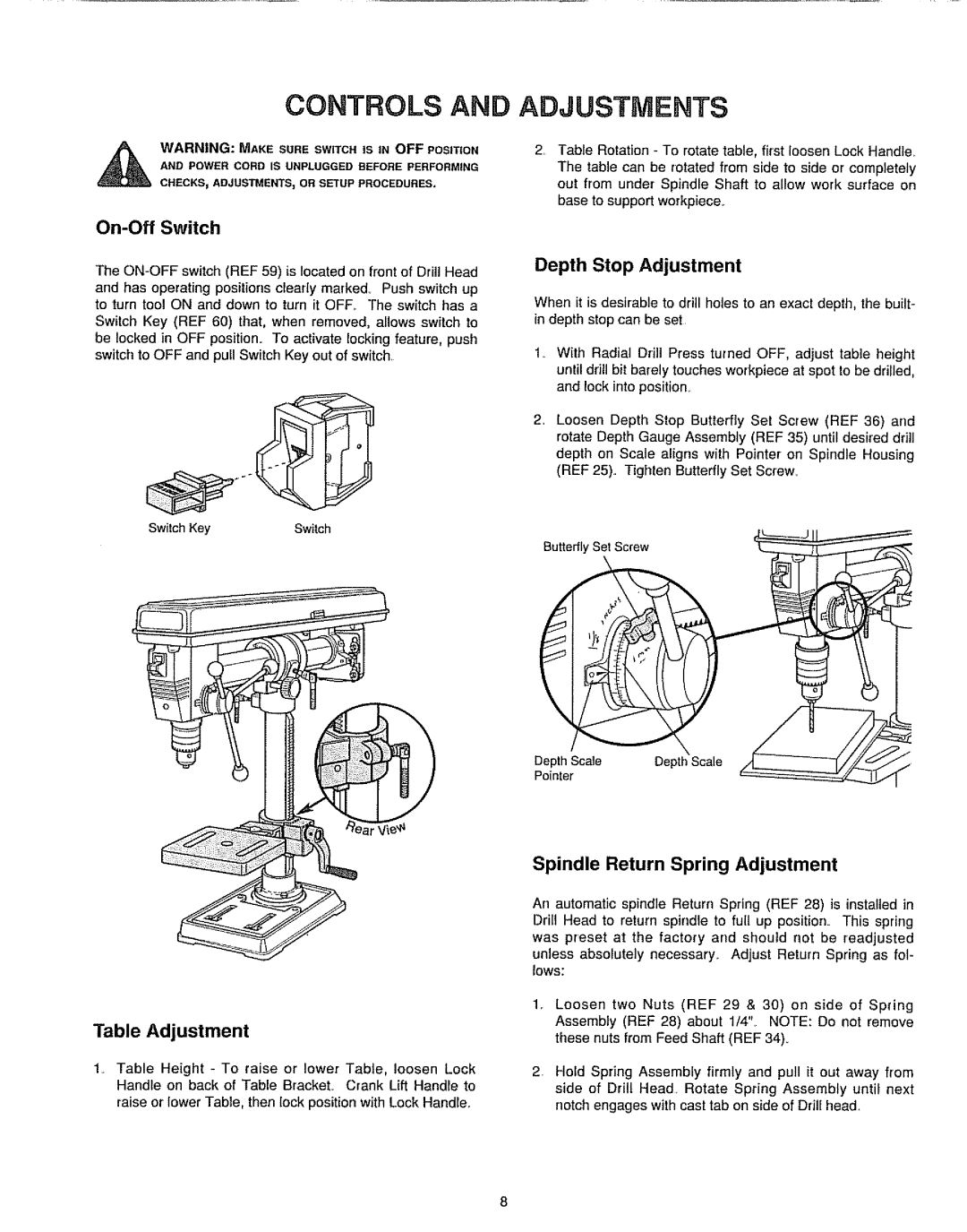 Sears 149.213340 Controls and Adjustments, Depth Stop Adjustment, Spindle Return Spring Adjustment Table Adjustment 