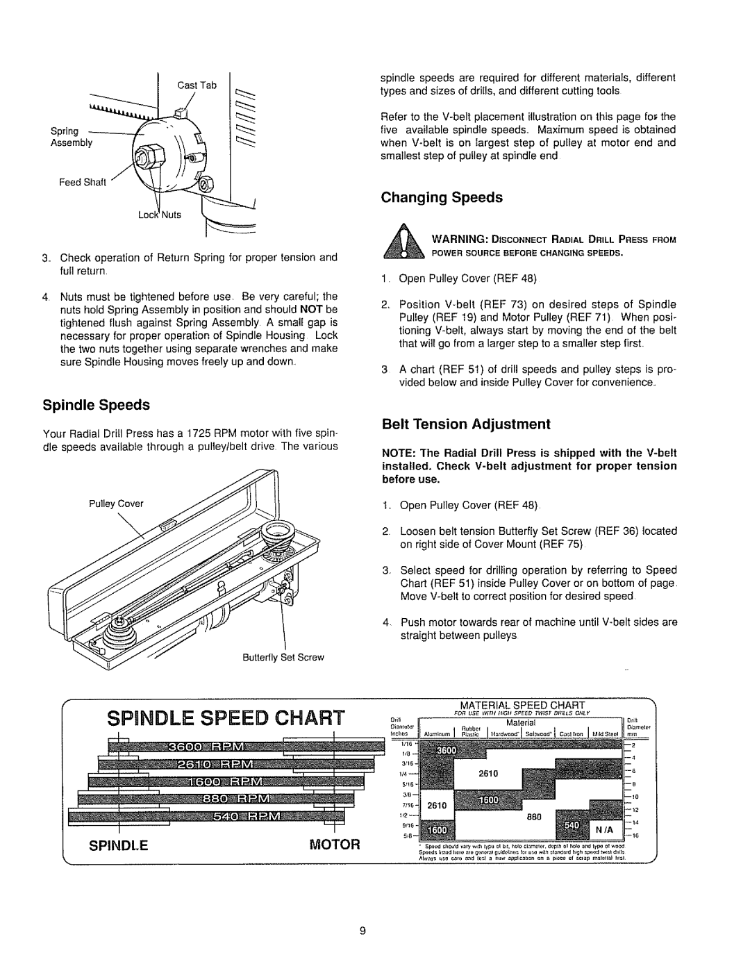 Sears 149.213340 warranty Spindle Speeds, Belt Tension Adjustment 