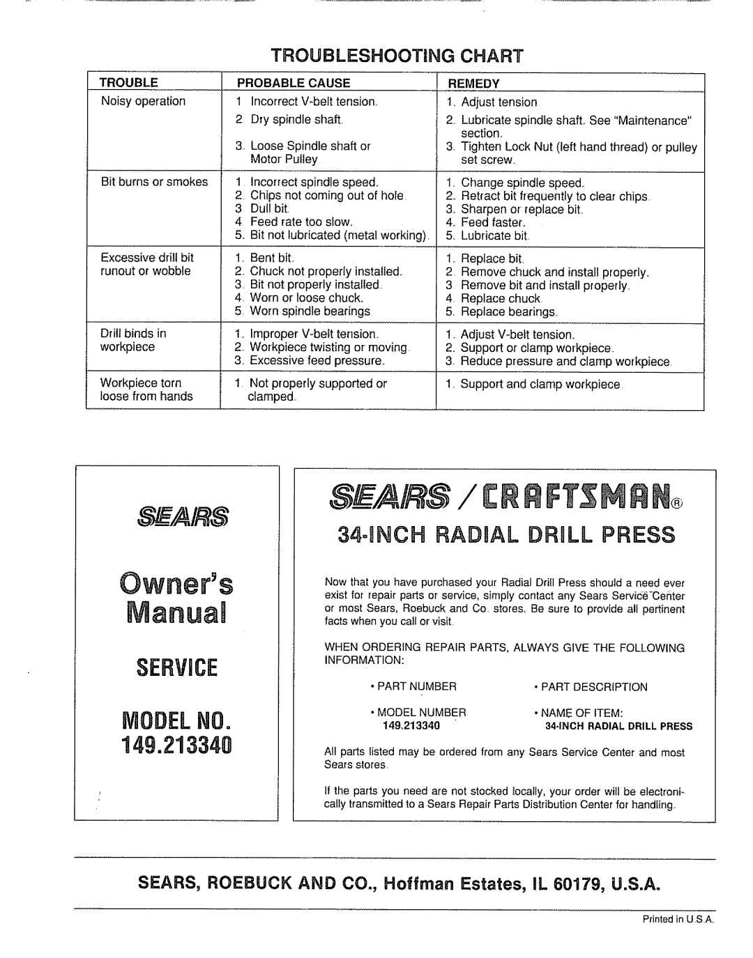 Sears 149.213340 Bnch Radbal Drill Press, Troubleshooting, Chart, SEARS, ROEBUCK AND CO., Hoffman Estates, IL 60179, U.S.A 