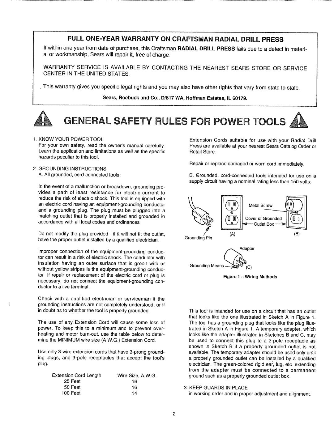 Sears 149.213340 warranty General Safety Rules, For Power Tools, rofGroundedII 