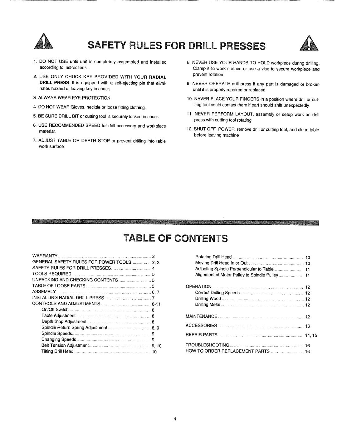 Sears 149.213340 warranty Safety Rules For Drill Presses, Table Of Contents, 8-11 