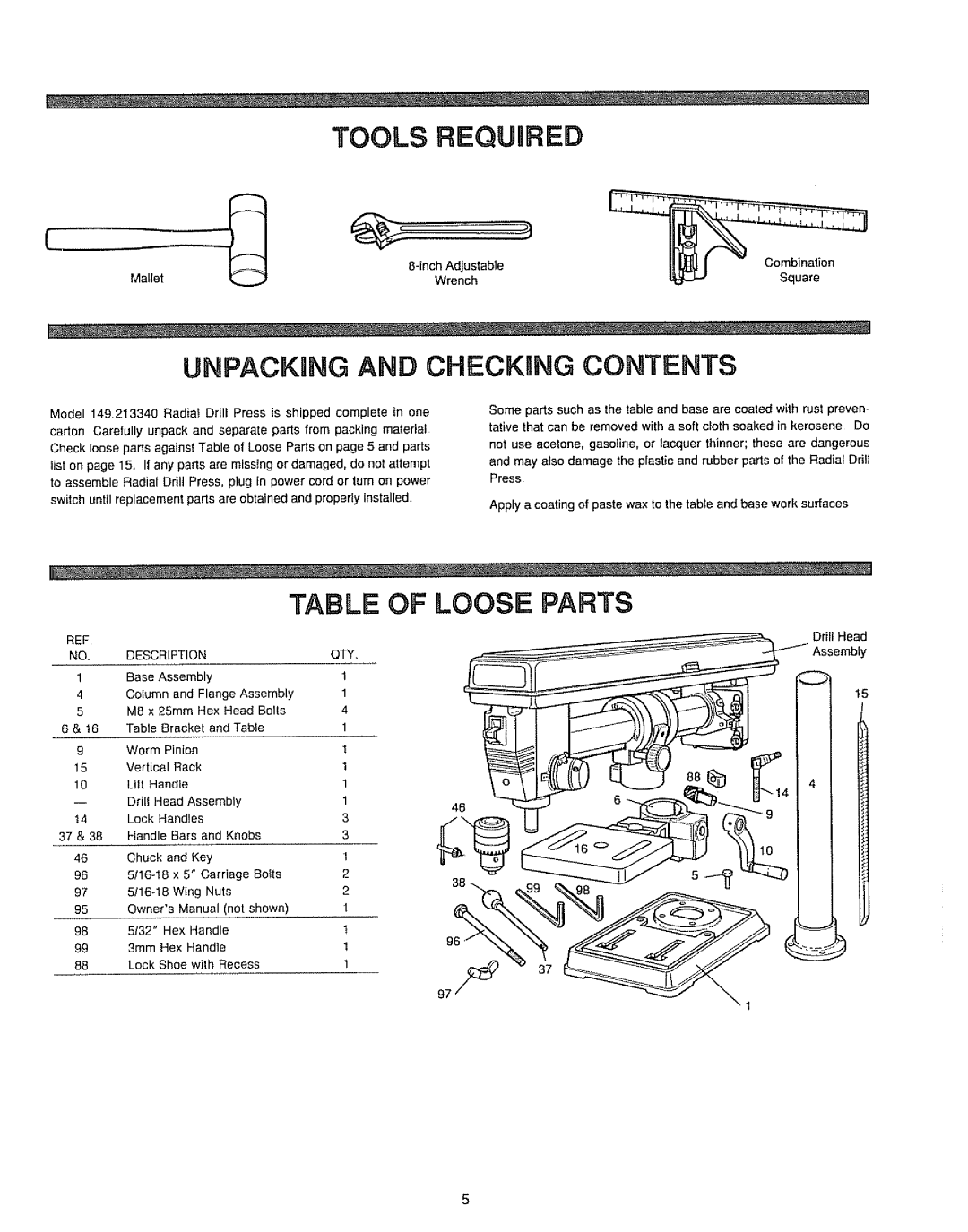 Sears 149.213340 warranty TOOLS REQUmRED, Unpackrng And Checkung Contents, Table Of Loose Parts 