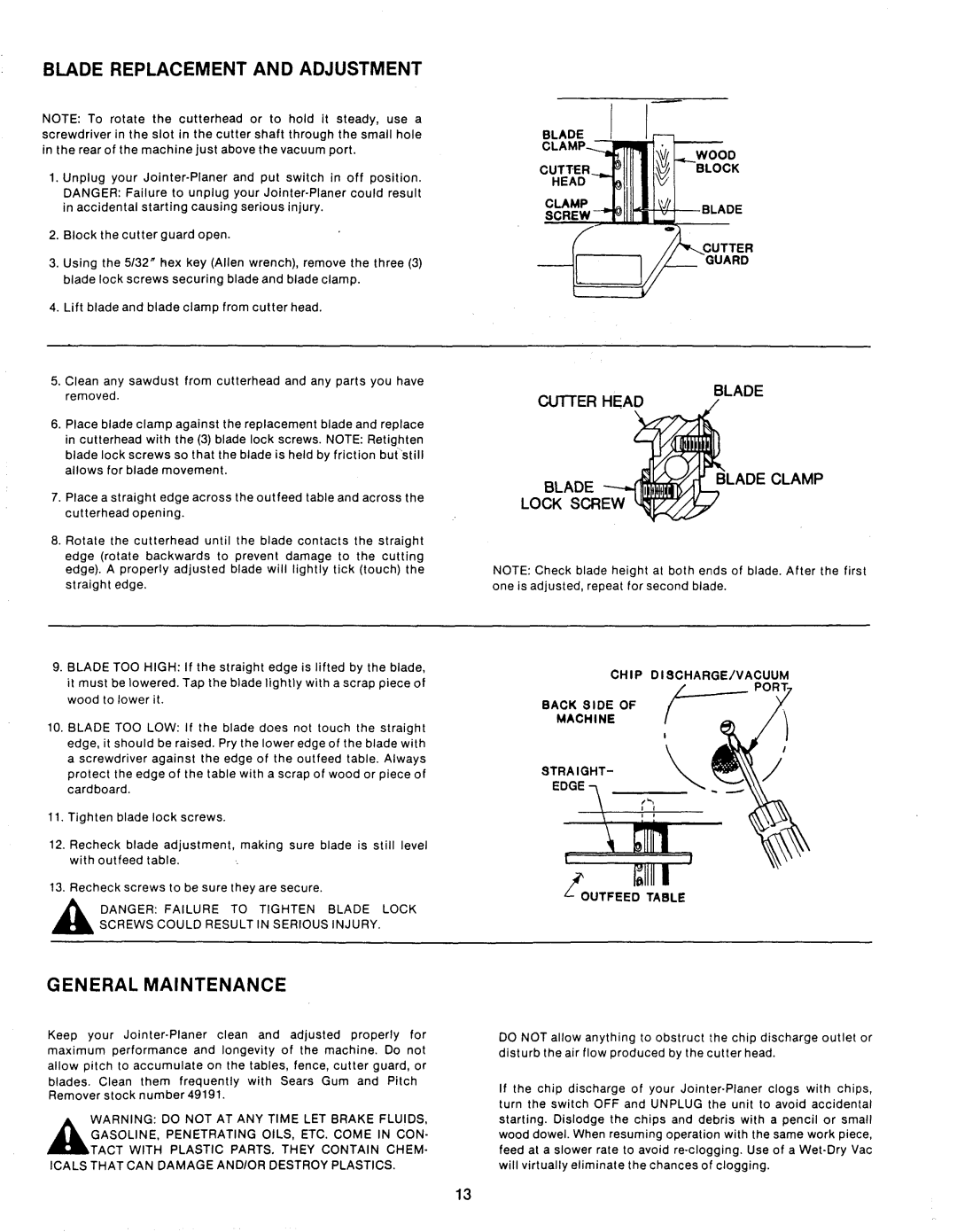 Sears 149.23632 owner manual Blade Replacement and Adjustment, General Maintenance, Blade Wood Cutterblock Head CLAMP.ADE 