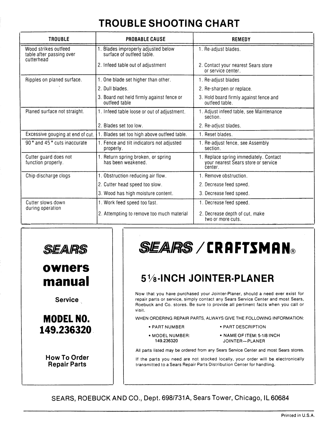 Sears 149.23632 owner manual Trouble Shooting, 51/8-INCH JOINTER-PLANER, Model Number Name Item 5-118 Inch, Jointer--Planer 