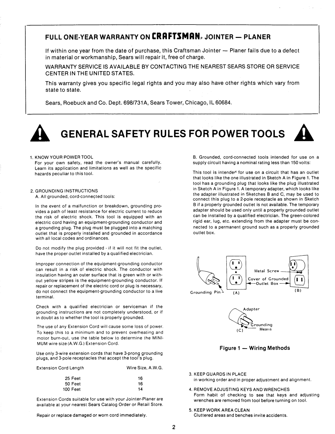 Sears 149.23632 owner manual General Safety Rules for Power Tools, Full ONE-YEAR Warranty on £RRFTSMRN, Jointer -- Planer 