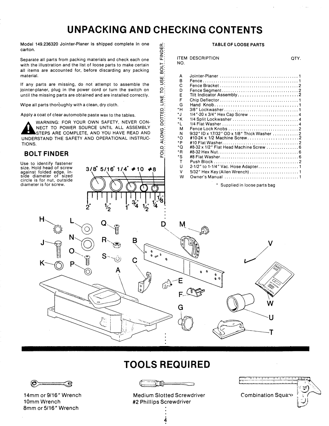 Sears 149.23632 owner manual Unpacking and Checking Contents, Tools Required 