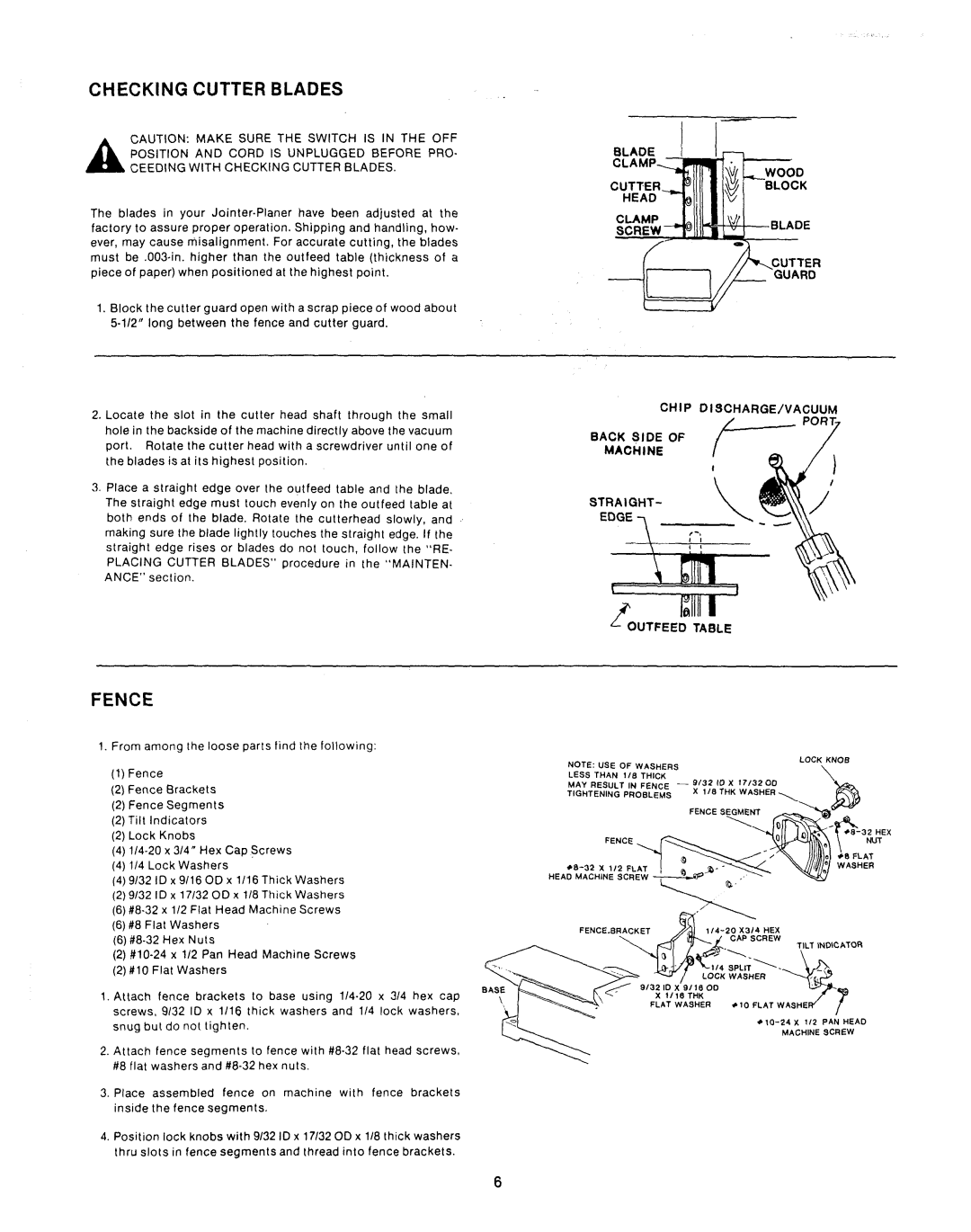 Sears 149.23632 owner manual Checking Cutter Blades, Fence, Head Clamp Screw Chip DISCHARGE/VACUUM, Straight 