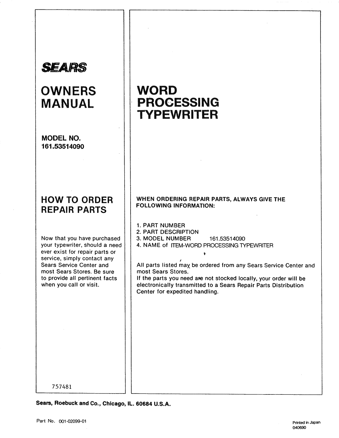 Sears 153, 16, 514, 090 warranty Sbars 