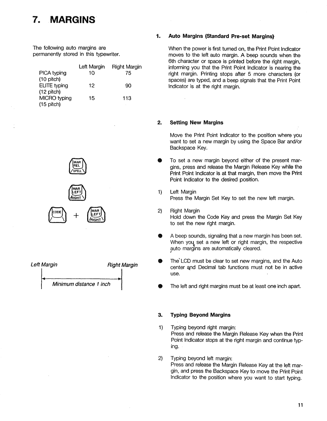 Sears 153, 16, 514, 090 warranty Auto Margins Standard Pre-set Margins, Setting New Margins, Typing Beyond Margins 