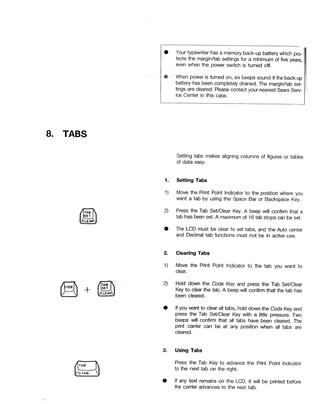 Sears 16, 153, 514, 090 warranty Setting Tabs, Clearing Tabs, Using Tabs 