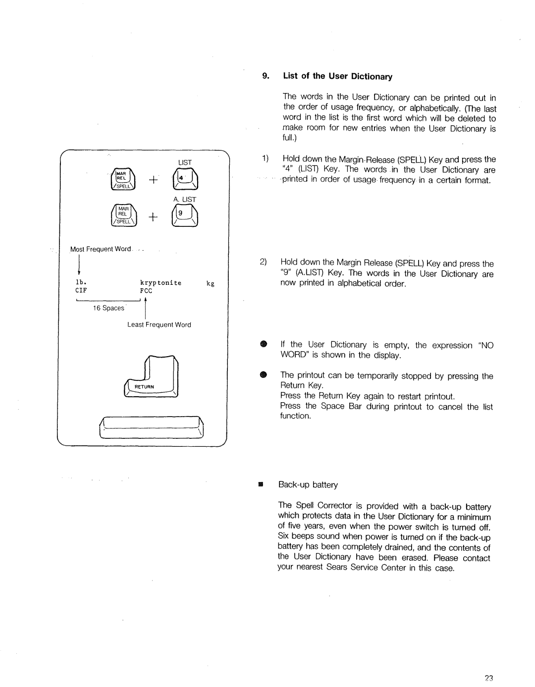 Sears 153, 16, 514, 090 warranty List of the User Dictionary 