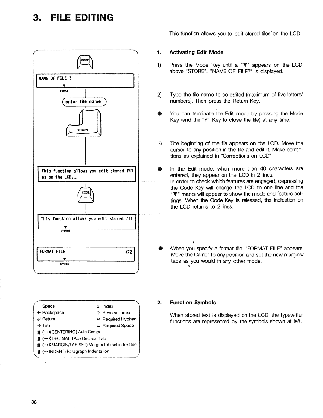 Sears 16, 153, 514, 090 warranty File Editing, Lhts function allows you edtt storedftl, Function Symbols 