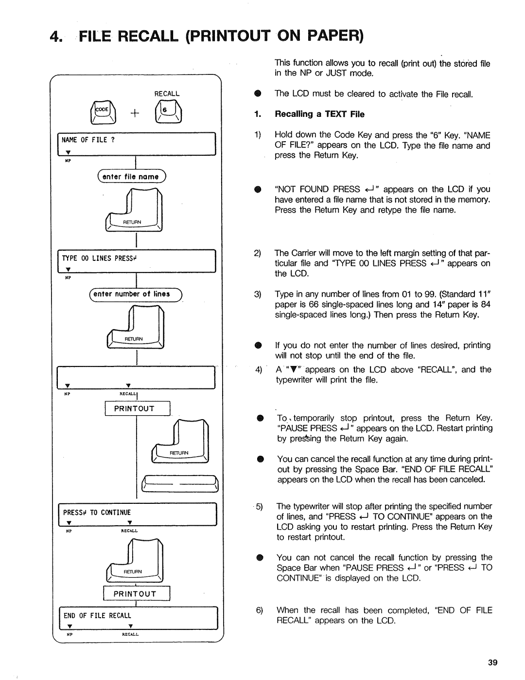 Sears 153, 16, 514, 090 warranty File Recall Printout on Paper, Enter file name, Recalling a Text File, Enter numberof lines r 