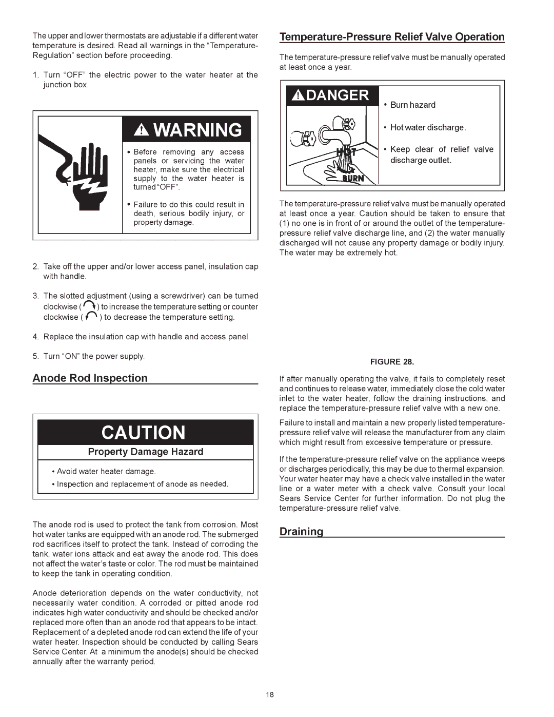 Sears 153.321443, 153.321842, 153.321342 Anode Rod Inspection, Temperature-Pressure Relief Valve Operation, Draining 