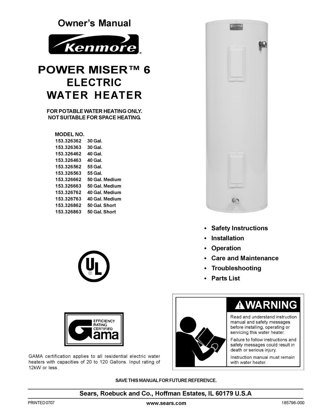 Sears 153.326362 owner manual Power Miser Electric Water Heater, Sears, Roebuck and Co., Hoffman Estates, IL 60179 U.S.A 