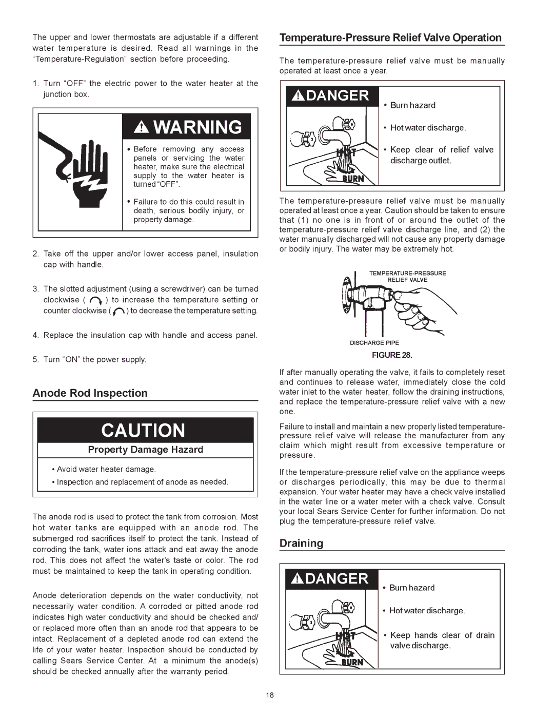 Sears 153.326363, 153.326362 owner manual Anode Rod Inspection, Temperature-Pressure Relief Valve Operation, Draining 