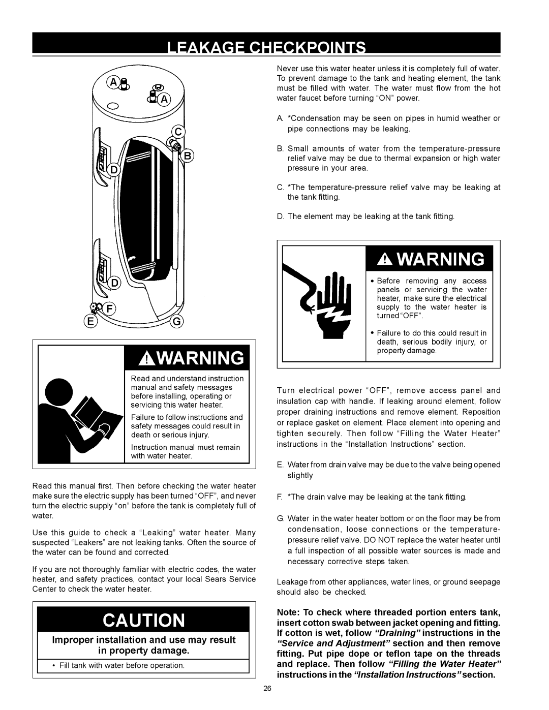 Sears 153.326363, 153.326362 owner manual Leakage Checkpoints 