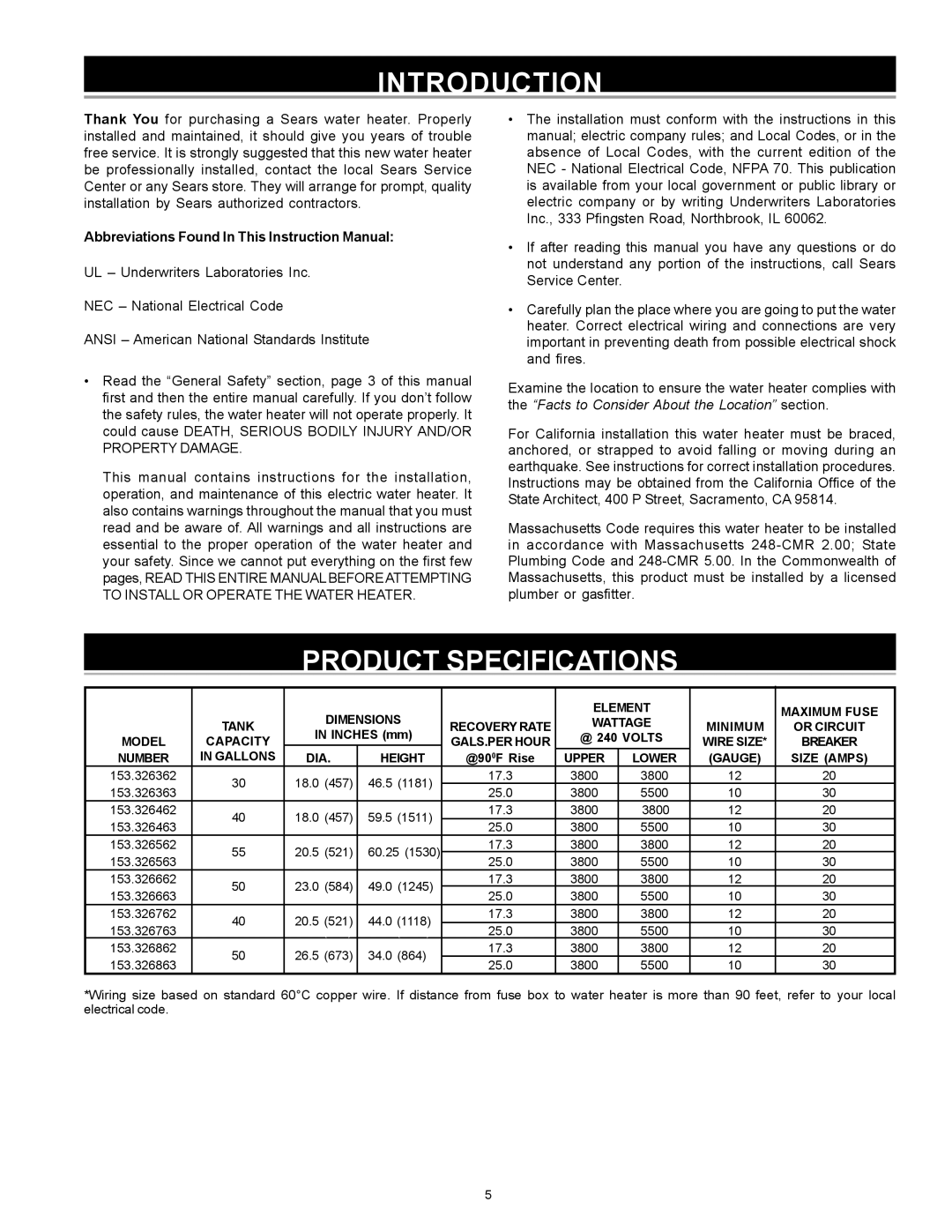 Sears 153.326362, 153.326363 owner manual Introduction, Product Specifications 