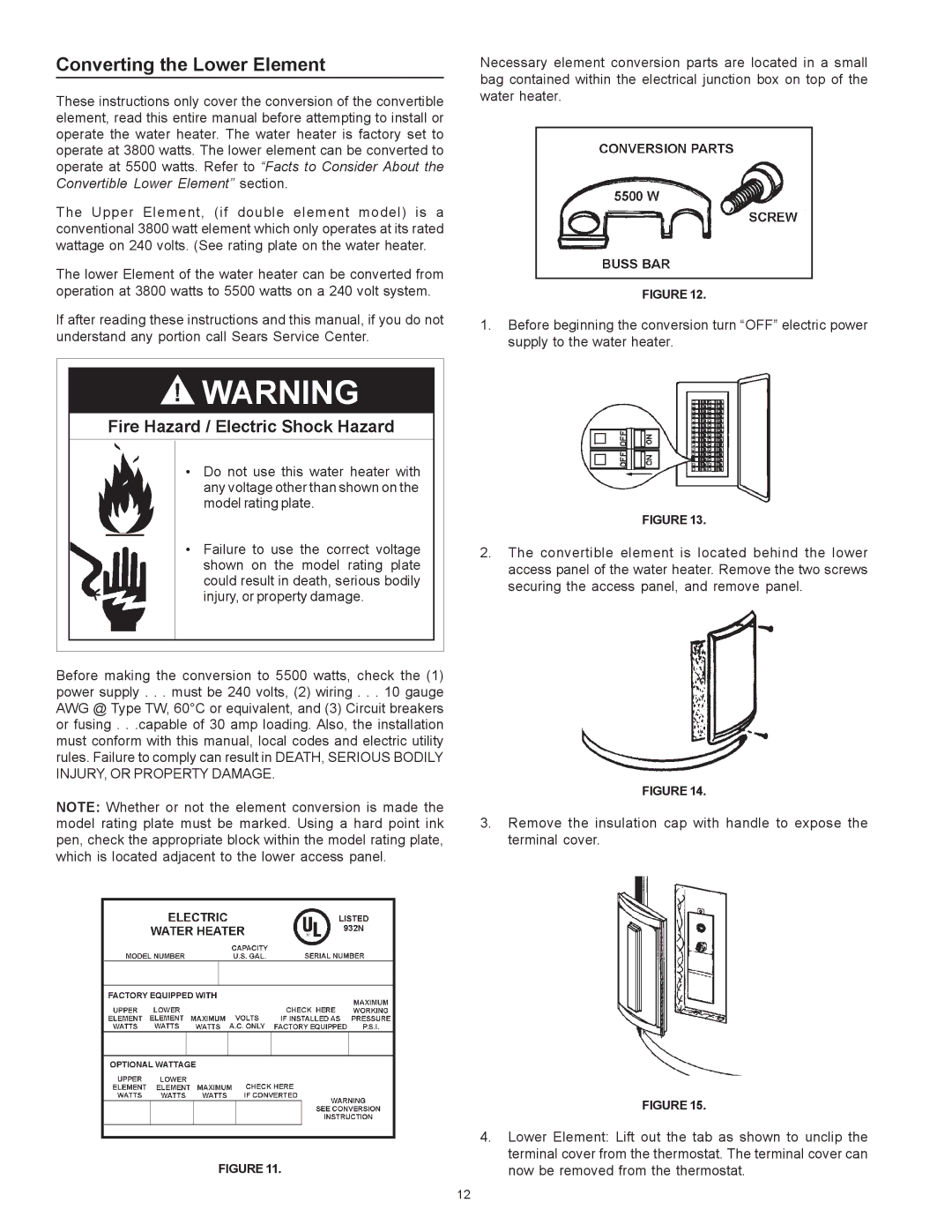 Sears 153.326562 55 GAL, 153.326363 30 GAL, 153.326463 40 GAL, 153.326362 30 GAL owner manual Converting the Lower Element 