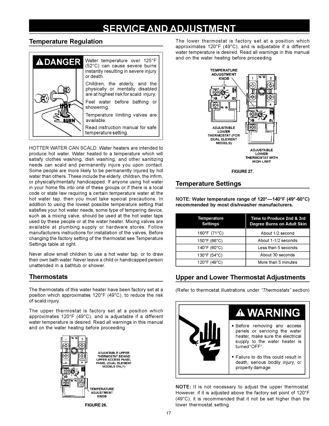 Sears 153.326563 55 GAL, 153.326363 30 GAL, 153.326562 55 GAL Service and Adjustment, Temperature Regulation, Thermostats 