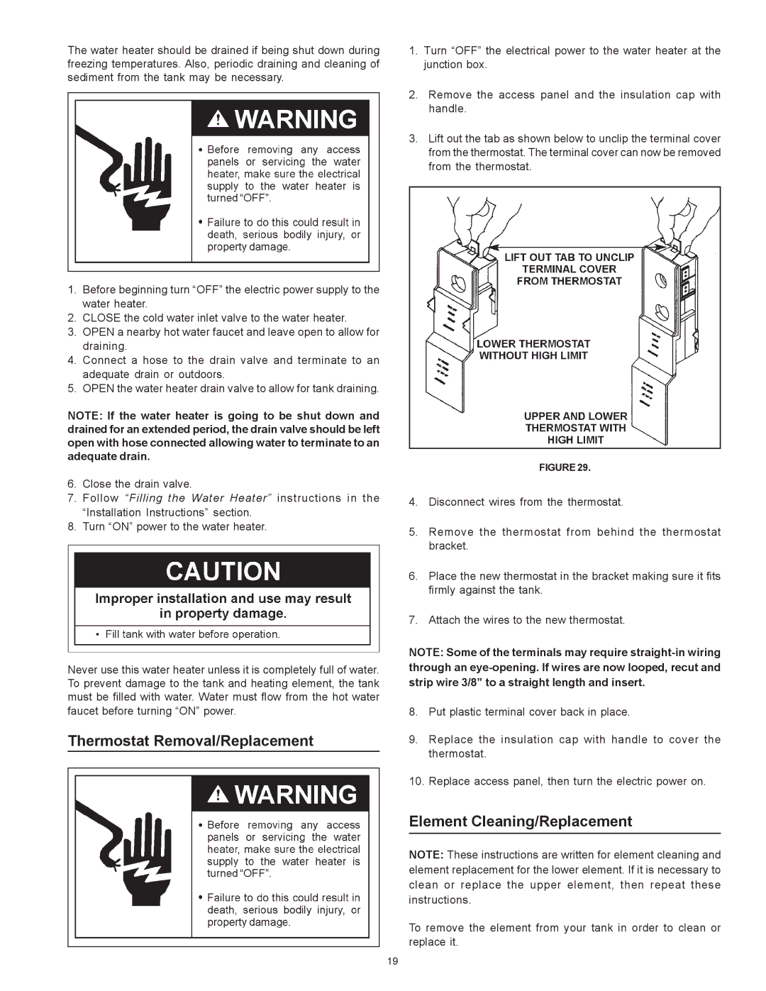 Sears 153.326662 50 GAL. MEDIUM, 153.326363 30 GAL owner manual Thermostat Removal/Replacement, Element Cleaning/Replacement 