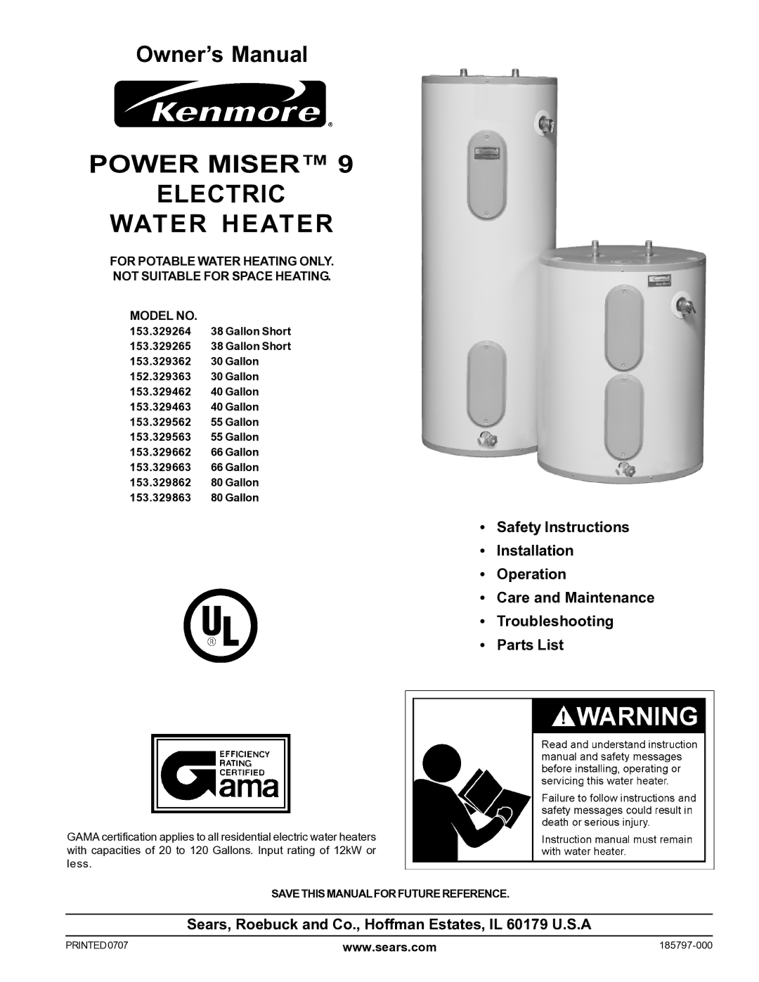 Sears 153.329264 owner manual Power Miser Electric Water Heater, Sears, Roebuck and Co., Hoffman Estates, IL 60179 U.S.A 