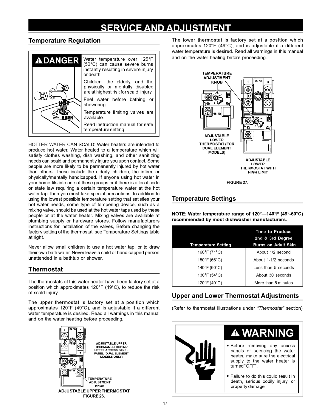 Sears 153.329264 owner manual Service and Adjustment, Temperature Regulation, Thermostat, Temperature Settings 