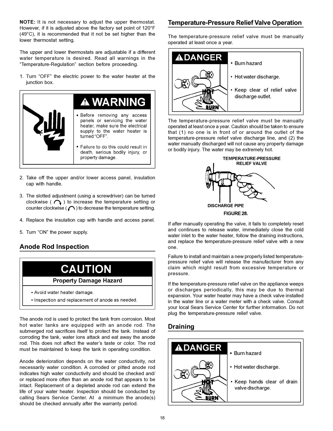 Sears 153.329264 owner manual Anode Rod Inspection, Temperature-Pressure Relief Valve Operation, Draining 