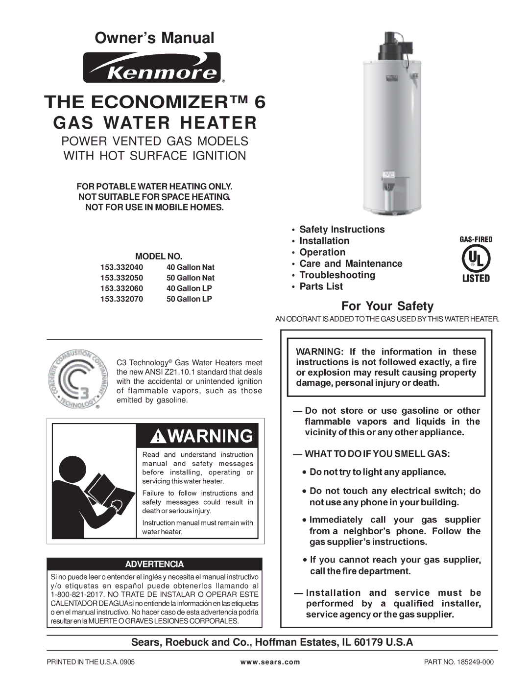 Sears 153.332050, 153.332060, 153.332070, 153.332040 owner manual Economizer 6 GAS Water Heater 