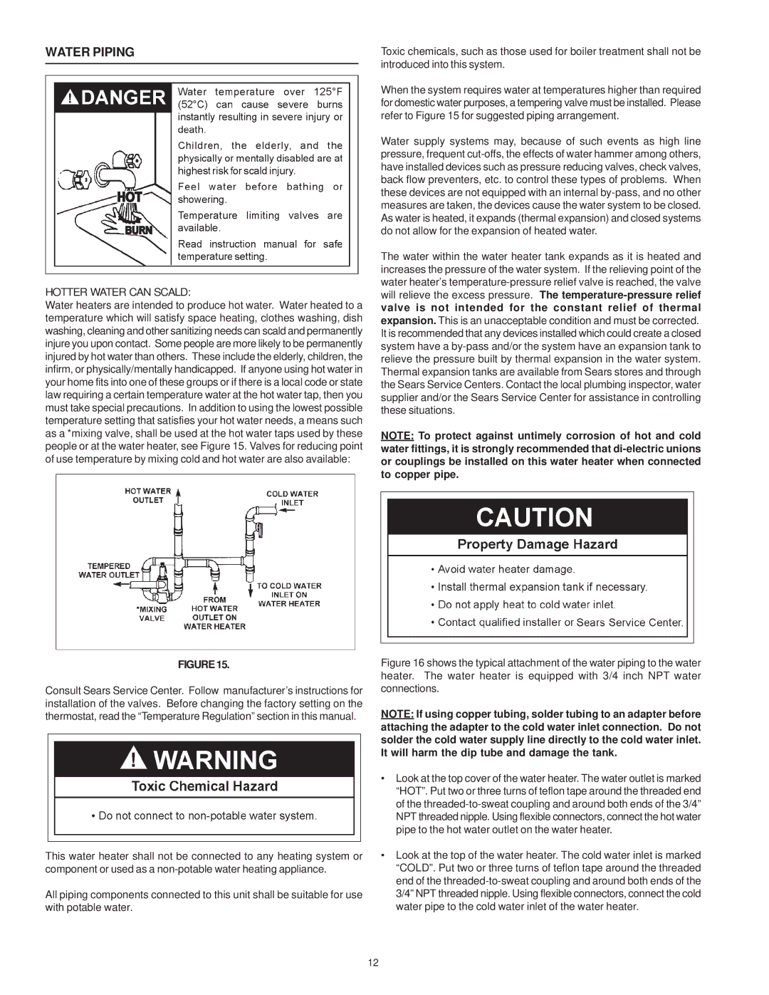 Sears 153.332060, 153.332050, 153.332070, 153.332040 owner manual Water Piping, Hotter Water can Scald 