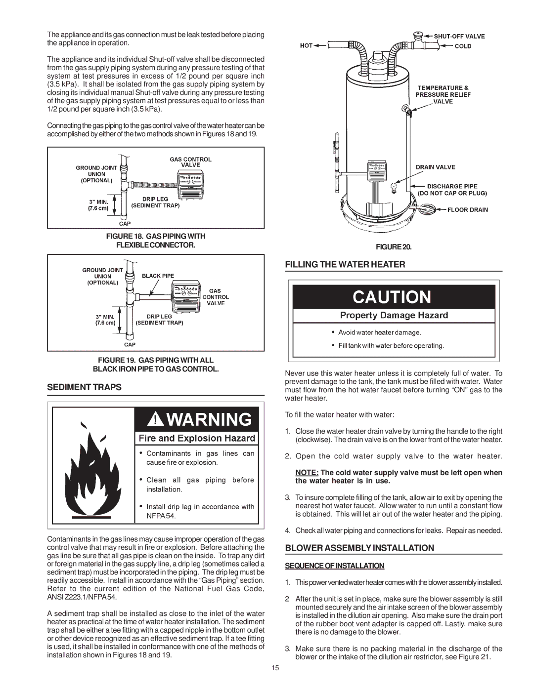 Sears 153.332040 Sediment Traps, Filling the Water Heater, Blower Assembly Installation, Sequenceofinstallation 