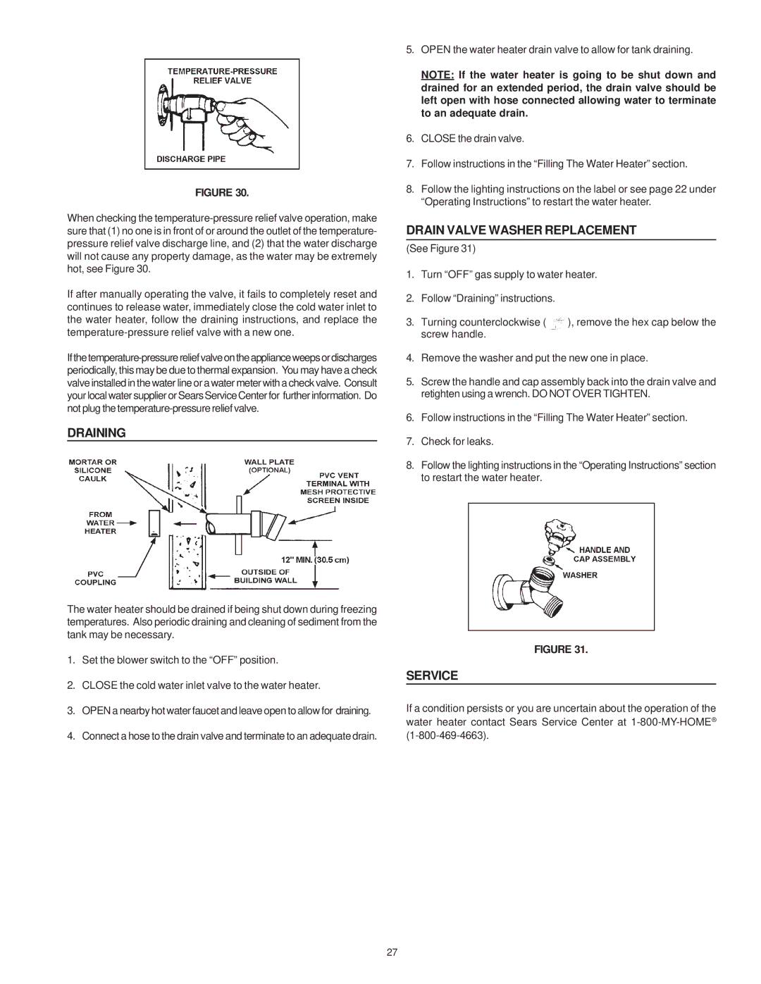 Sears 153.332040, 153.332060, 153.332050, 153.332070 owner manual Draining, Drain Valve Washer Replacement, Service 