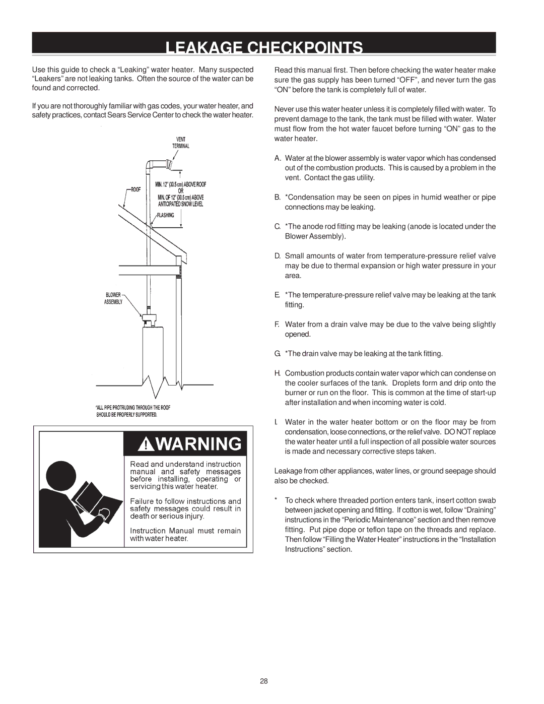 Sears 153.332060, 153.332050, 153.332070, 153.332040 owner manual Leakage Checkpoints 