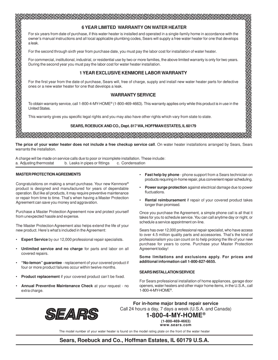 Sears 153.332060 Year Limited Warranty on Water Heater, Year Exclusive Kenmore Labor Warranty, Warranty Service 