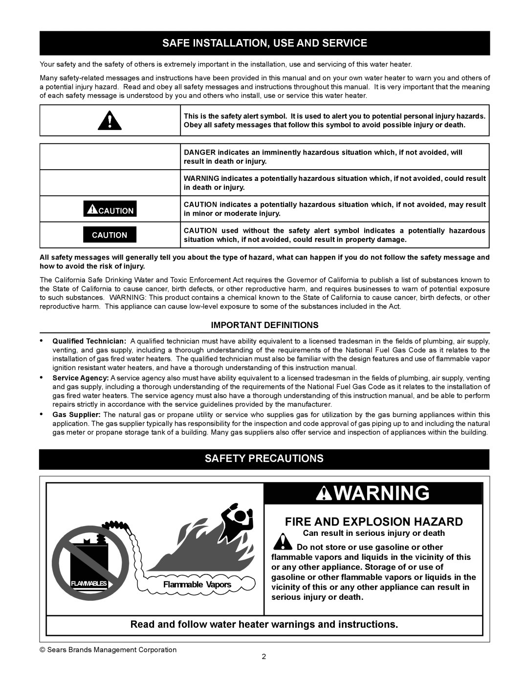 Sears 153.33262 manual Safe INSTALLATION, USE and Service, Safety Precautions 