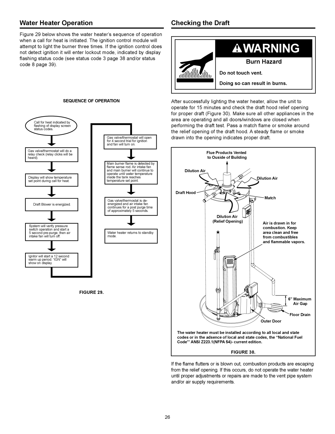 Sears 153.33262 Water Heater Operation, Checking the Draft, Burn Hazard, Do not touch vent Doing so can result in burns 