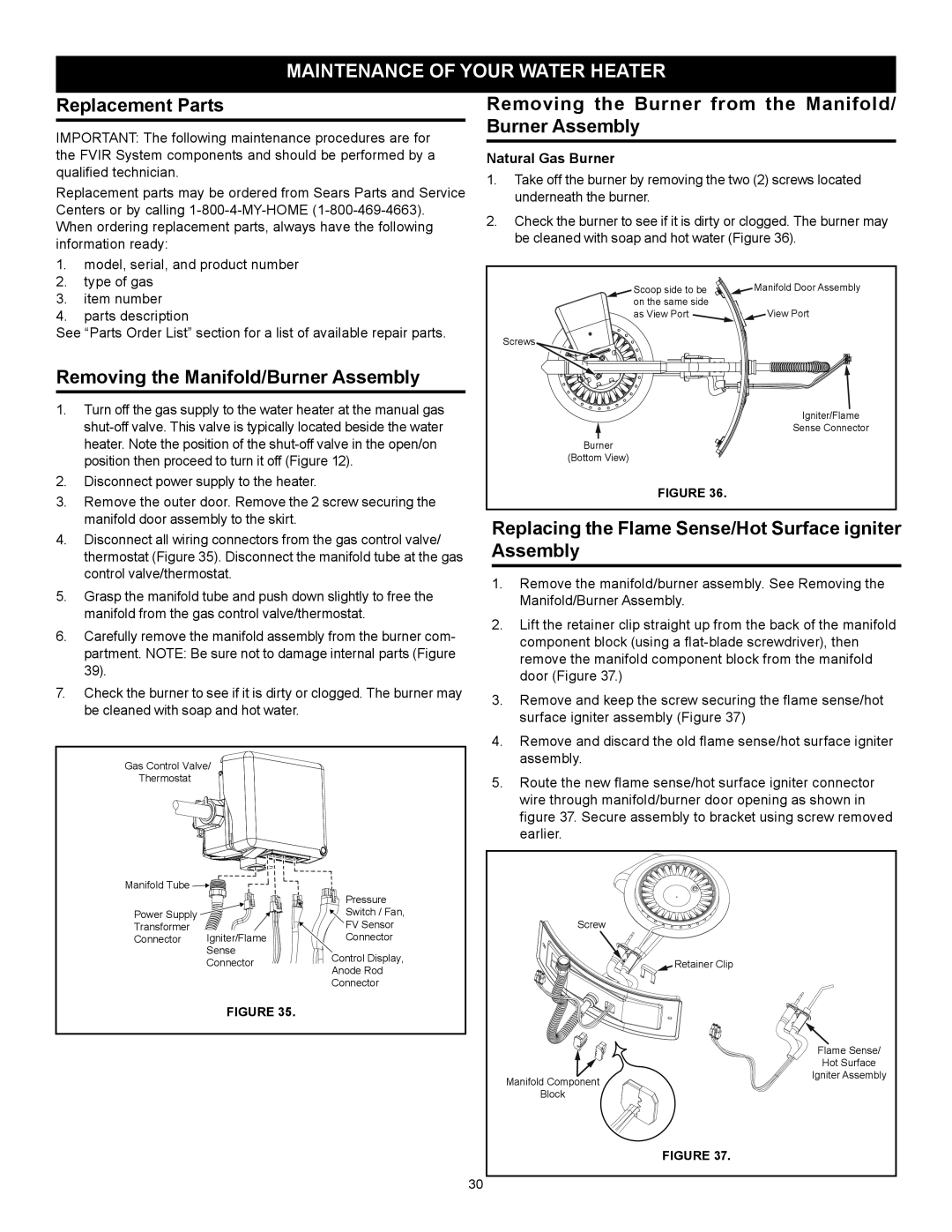 Sears 153.33262 manual Maintenance of Your Water Heater, Replacement Parts, Removing the Manifold/Burner Assembly 