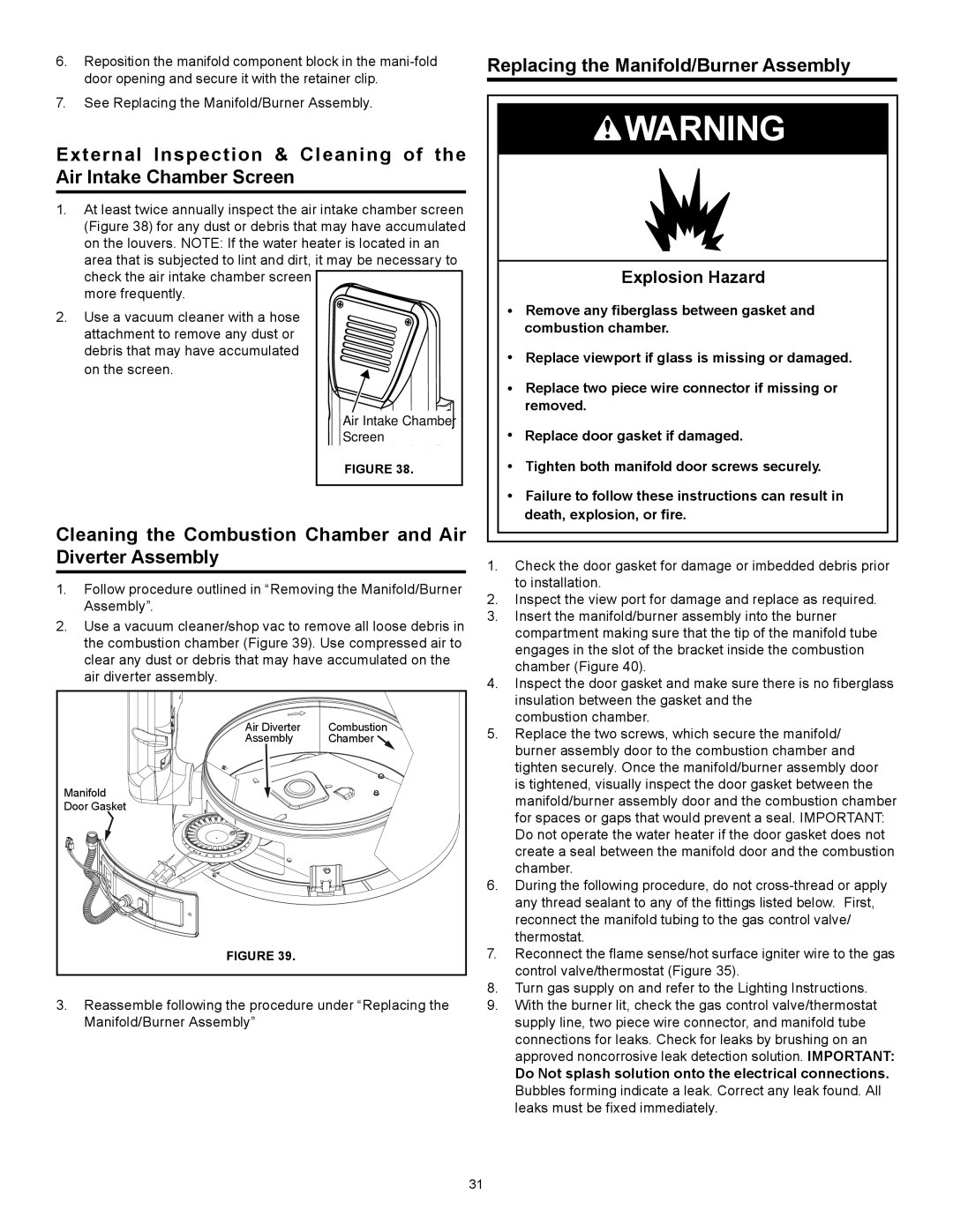 Sears 153.33262 manual Cleaning the Combustion Chamber and Air Diverter Assembly, Replacing the Manifold/Burner Assembly 