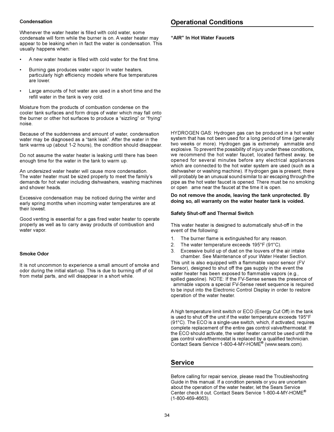 Sears 153.33262 manual Operational Conditions, Service, Condensation, Smoke Odor, AIR In Hot Water Faucets 