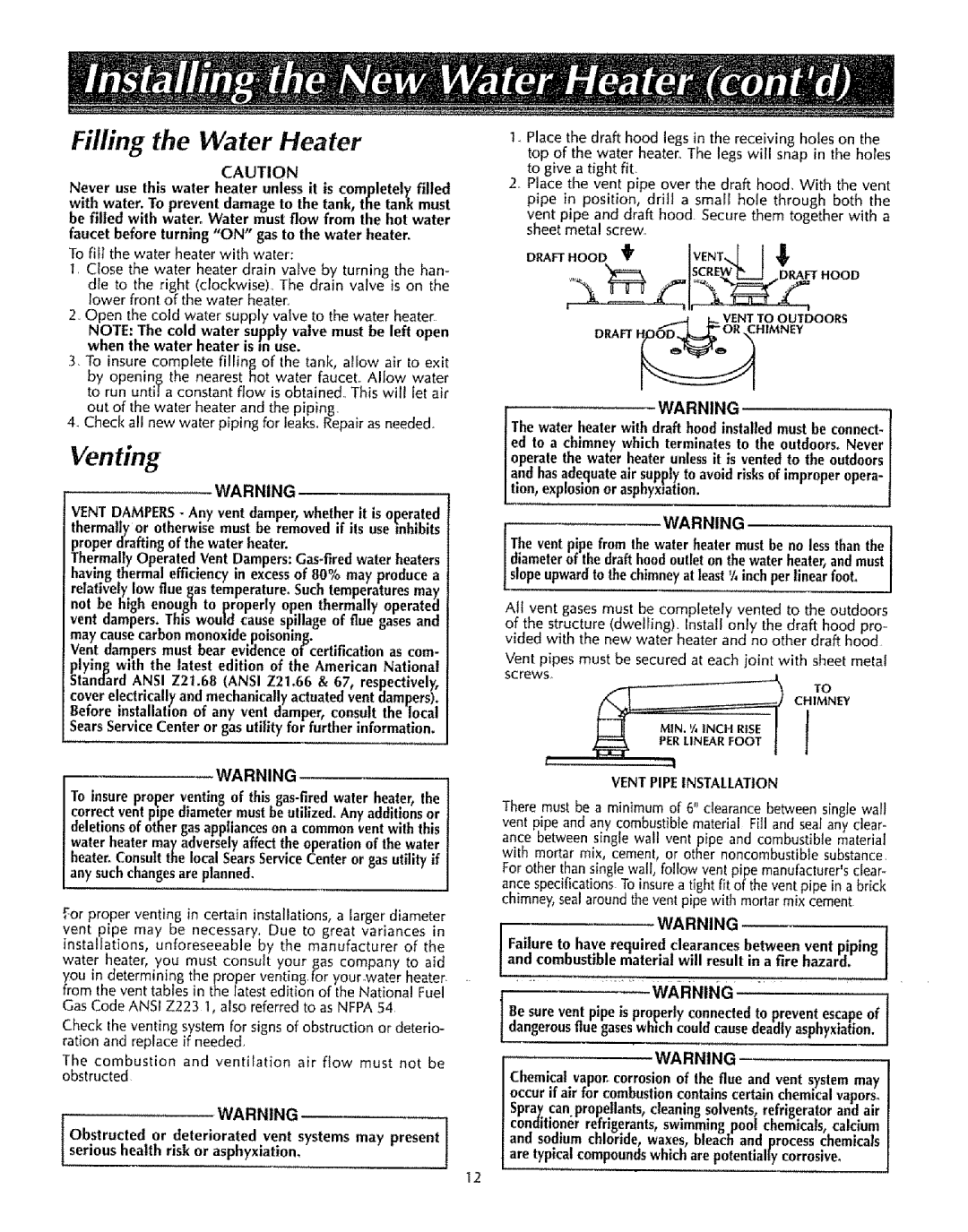 Sears 153333000, 153333100, 153333131, 153333030, 153333531 Filling the Water Heater, Tion, explosionor asphyxiation 