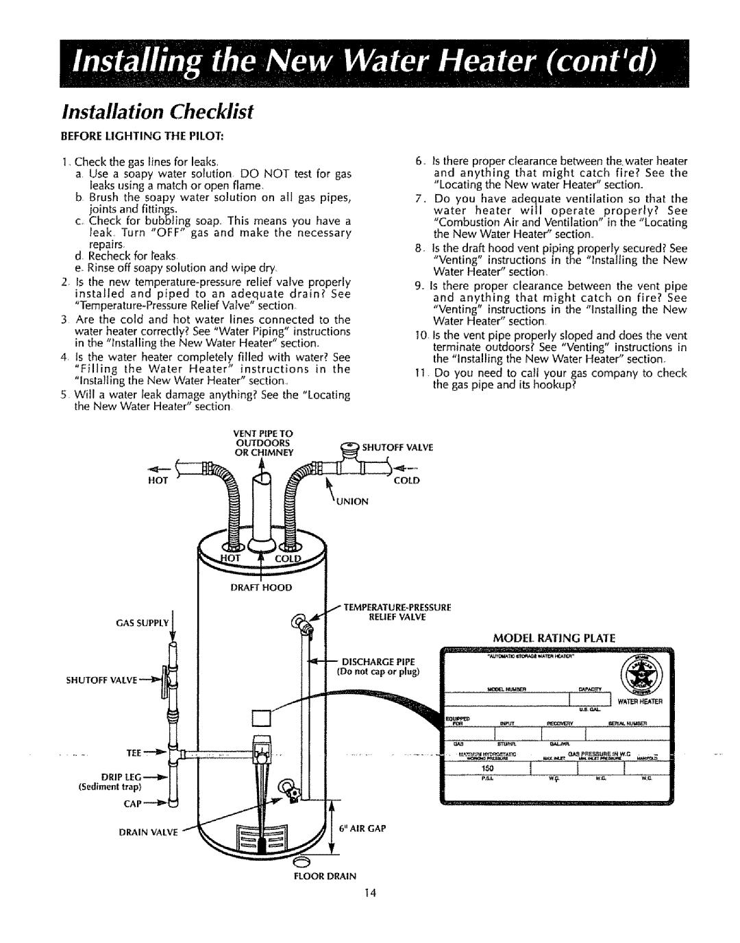 Sears 153333530, 153333100, 153333131, 153333030, 153333531, 153333000, 153333130 Installation Checklist, Model Rating Plate 