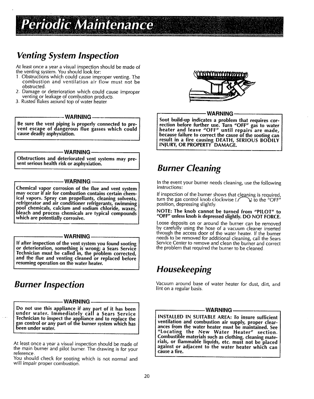 Sears 153333000, 153333100, 153333131 Venting System Inspection, Burner Inspection, Burner Cleaning, Housekeeping, Fwarning 