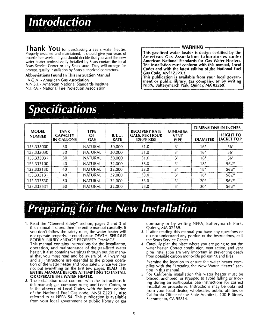 Sears 153333530, 153333100 Tank Type, Minimum, Height to, Capacity, Vent Gallons GAS Rate, Pipe Diameter Jackettop 