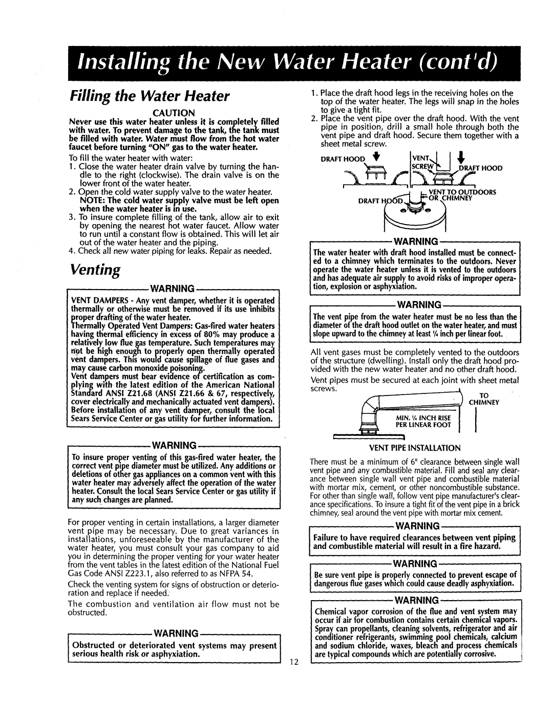 Sears 153.3356, 153.33555, 153.335451, 153.335302 Filling the Water Heater, Venting, Tion, explosionor asphyxiation 