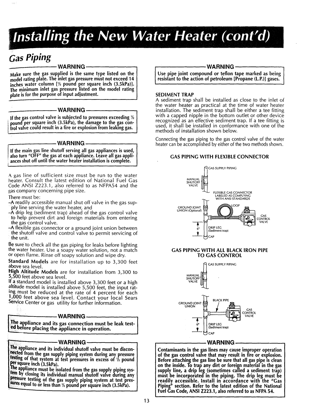 Sears 153.33565, 153.33555, 153.335451, 153.335302 Gas Piping, WAR N in G, Sediment Trap, GAS Piping with Flexible Connector 