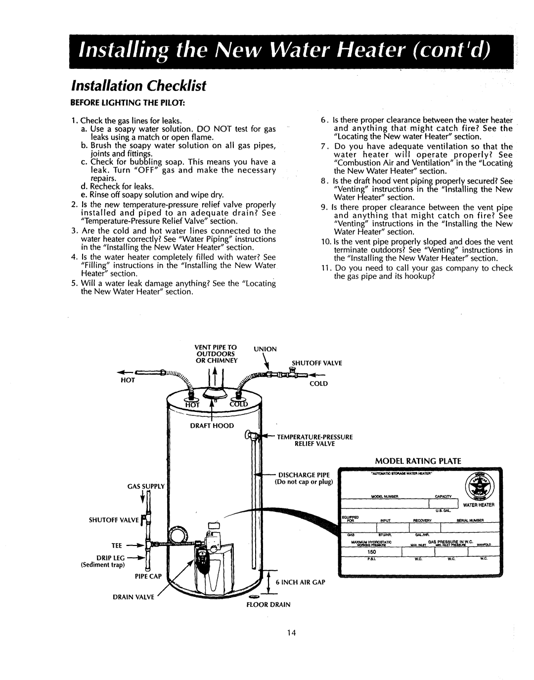 Sears 153.33525, 153.3356, 153.33555, 153.335451, 153.335302, 153.335351 Installation Checklist, Beforelighting the Pilot 