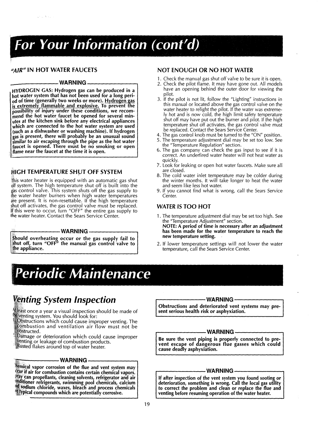 Sears 153.335351, 153.3356, 153.3352 AIR in HOT Water Faucets, High Temperature Shut OFF System, Not Enough or no HOT Water 