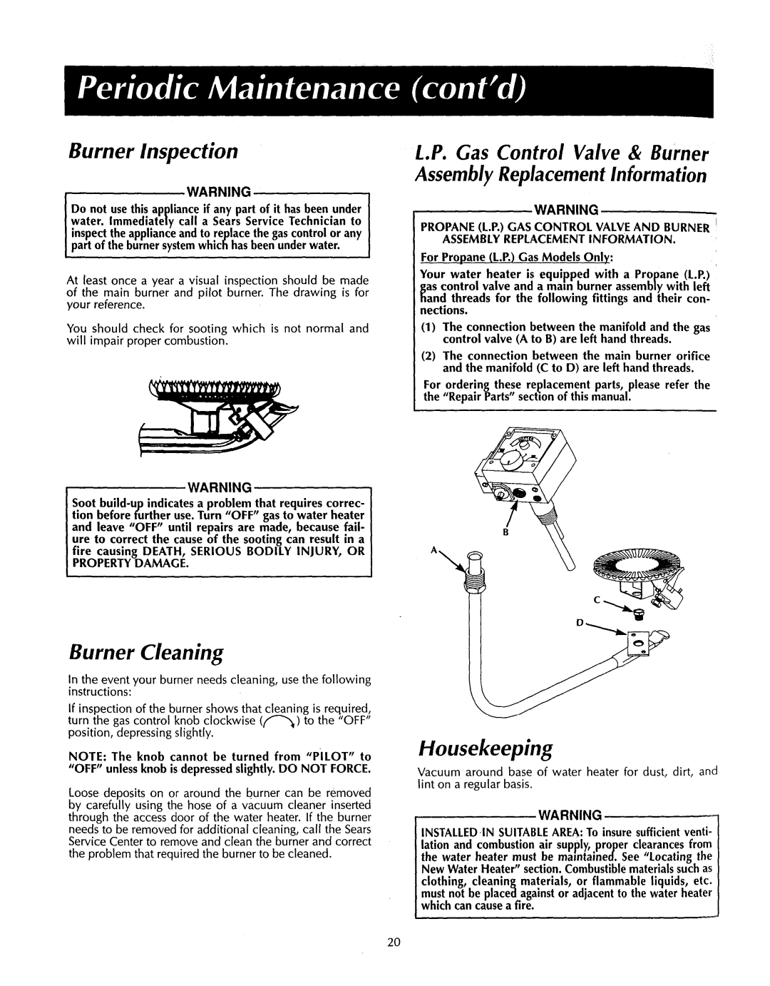 Sears 153.335251, 153.3356 Burner Inspection, Property Damage, OFF unless knob is depressed slightly. do not Force 