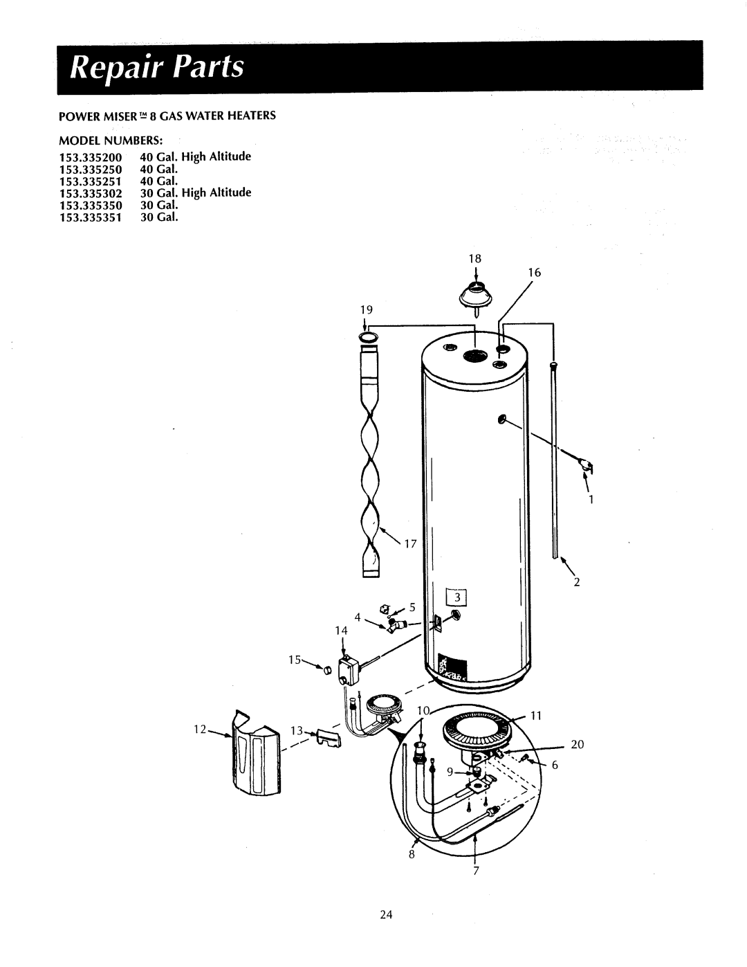 Sears 153.335502, 153.3356, 153.33555, 153.335451, 153.335302, 153.335351 Power Miser 8 GAS Water Heaters Model Numbers 